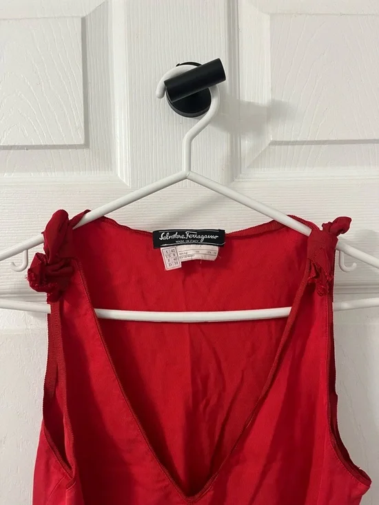 Ferragamo Red Silk Sleeveless V-Neck Tank with Tie Shoulder Detail - Picture 2 of 2